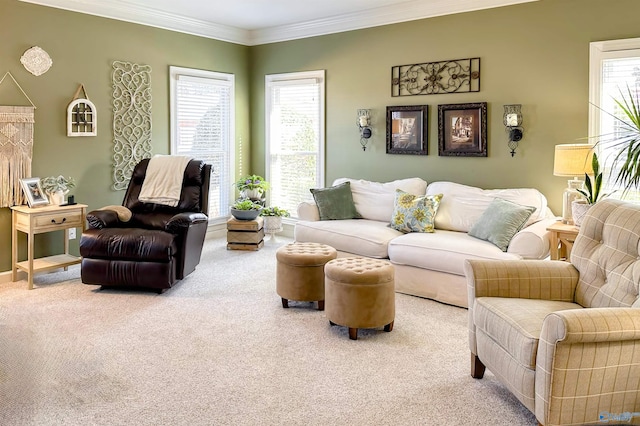 carpeted living room featuring ornamental molding and a healthy amount of sunlight