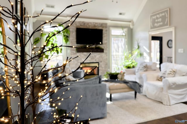 living room featuring a fireplace, ornamental molding, and carpet