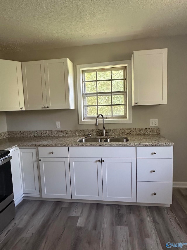 kitchen with sink, dark hardwood / wood-style flooring, and white cabinetry