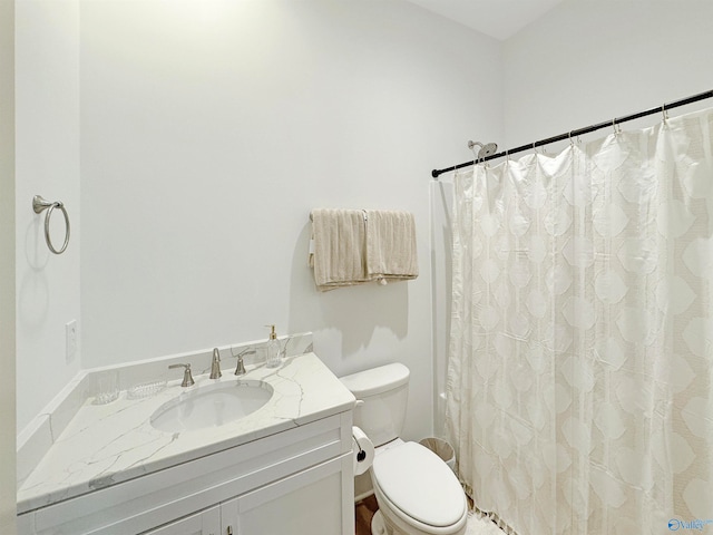 bathroom with vanity, toilet, and curtained shower