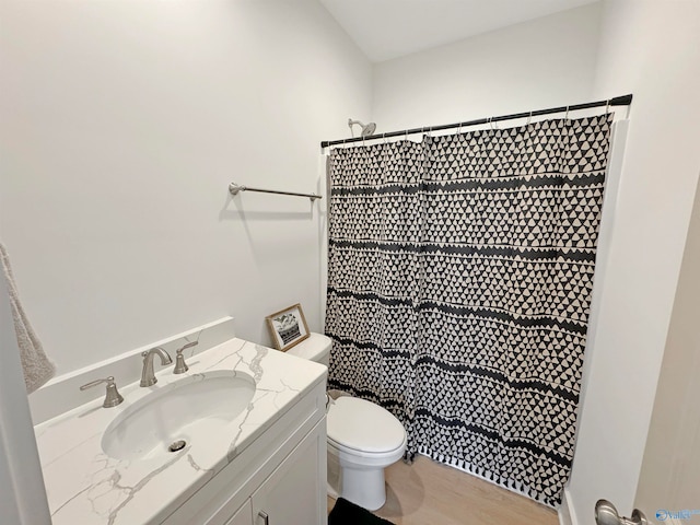 bathroom featuring curtained shower, hardwood / wood-style flooring, vanity, and toilet