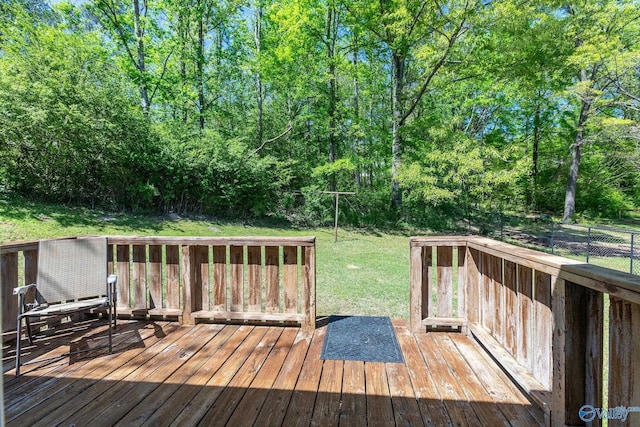 wooden terrace featuring a lawn and a fenced backyard