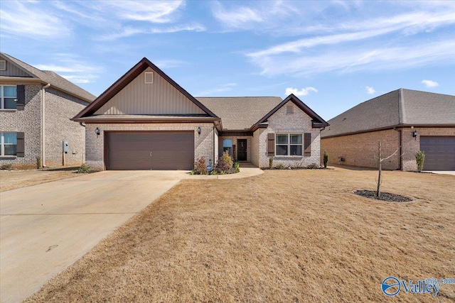 view of front of home featuring concrete driveway, brick siding, and an attached garage