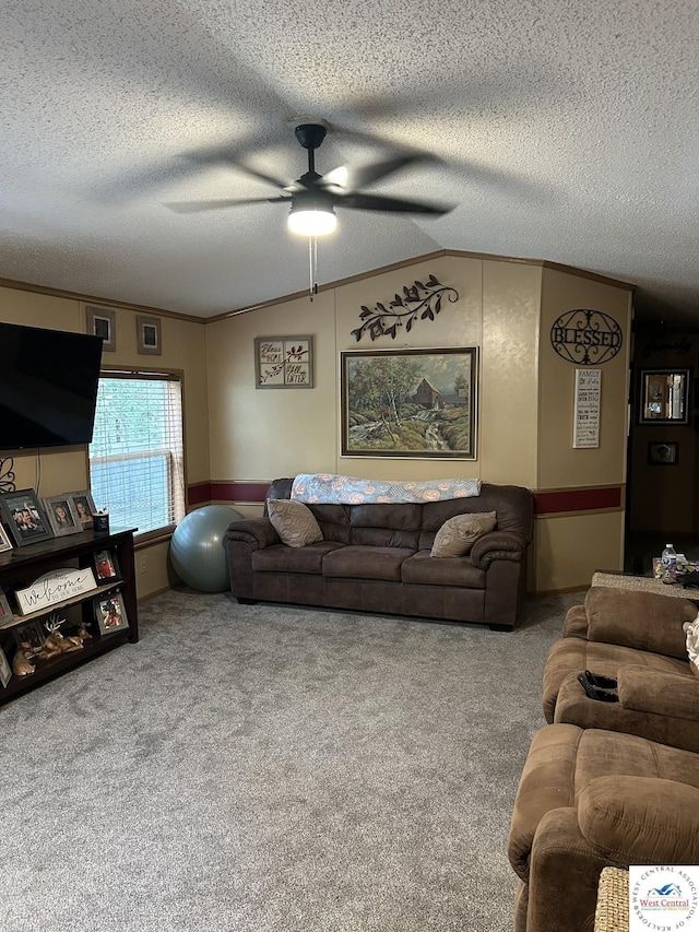 carpeted living area featuring lofted ceiling, ornamental molding, and a textured ceiling