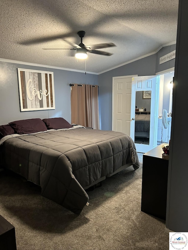 carpeted bedroom with lofted ceiling, ceiling fan, a textured ceiling, and crown molding