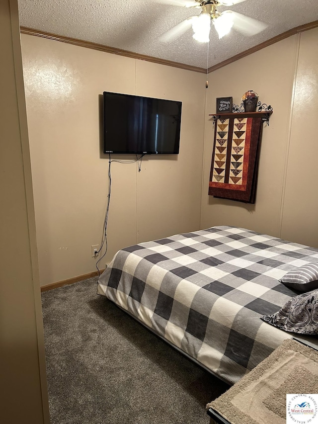 carpeted bedroom with a ceiling fan, crown molding, and a textured ceiling