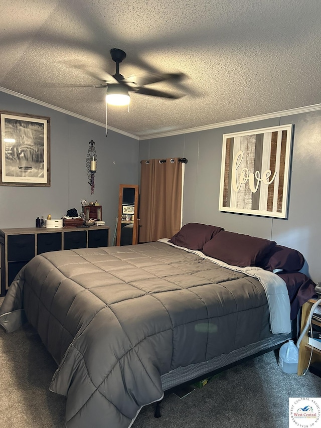 carpeted bedroom featuring a textured ceiling, ornamental molding, and a ceiling fan