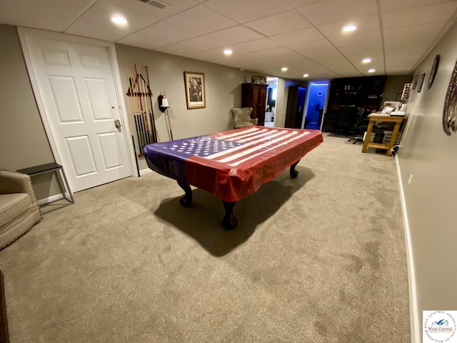 rec room with billiards, baseboards, visible vents, carpet, and recessed lighting