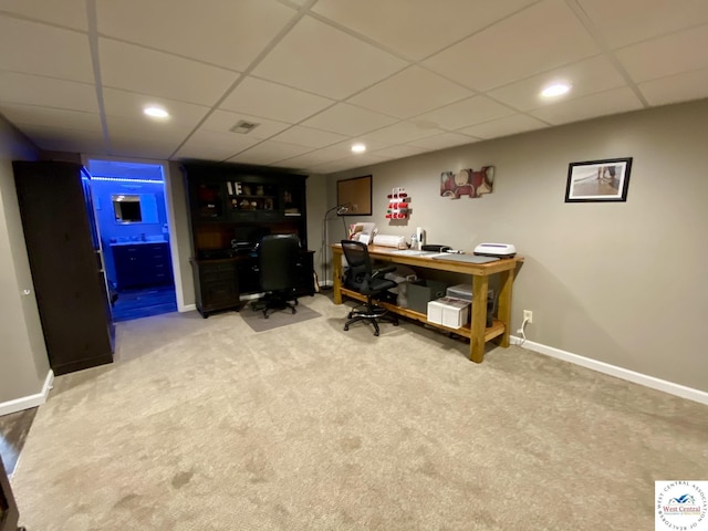 office with light carpet, recessed lighting, a paneled ceiling, and baseboards