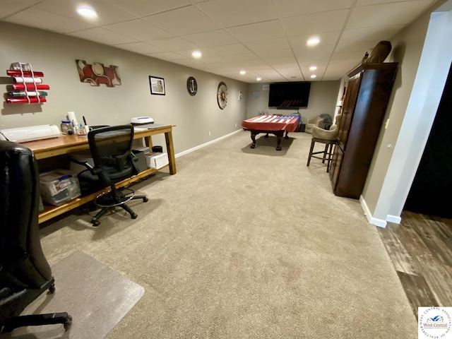 office area featuring carpet, recessed lighting, a paneled ceiling, and baseboards