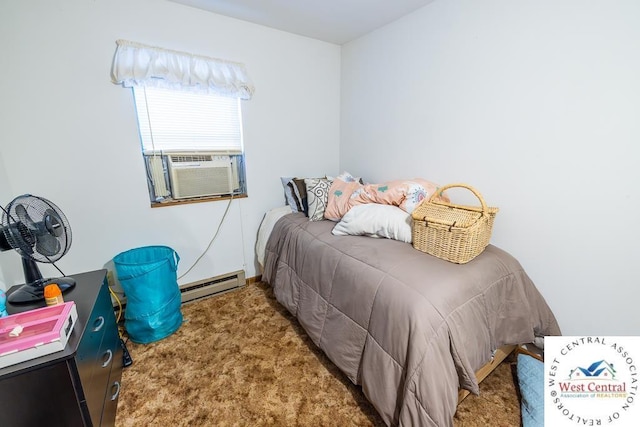 bedroom featuring carpet, a baseboard radiator, and cooling unit