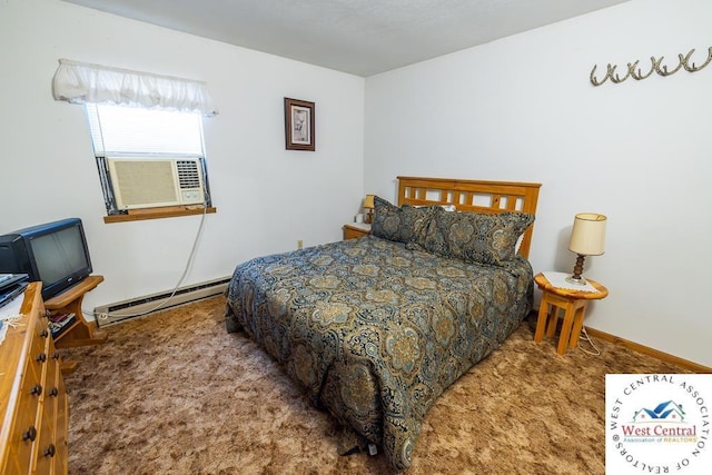 carpeted bedroom featuring a baseboard radiator and baseboards