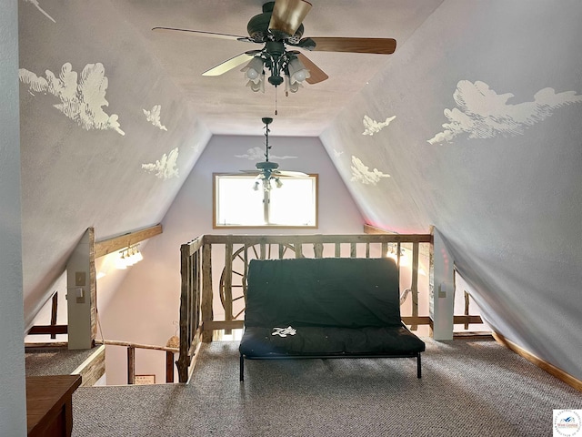 additional living space featuring ceiling fan, vaulted ceiling, and carpet