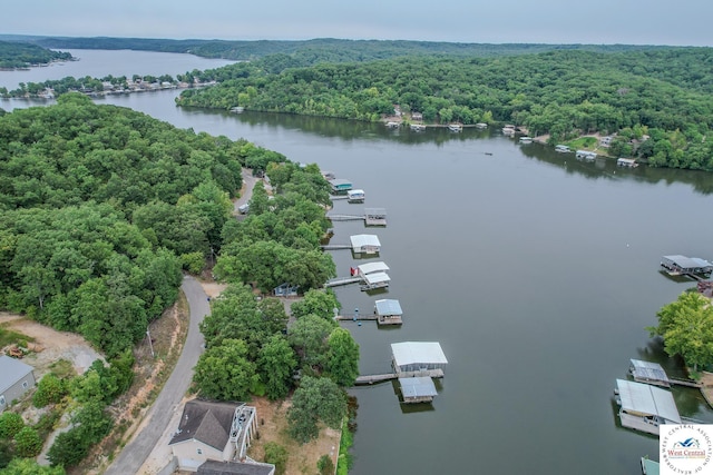 drone / aerial view featuring a view of trees and a water view