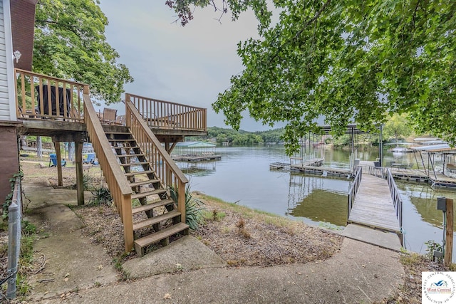 view of dock with a water view and stairs