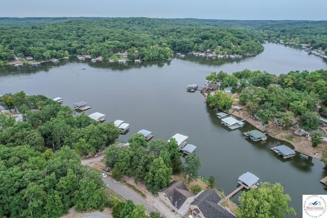 bird's eye view featuring a wooded view and a water view