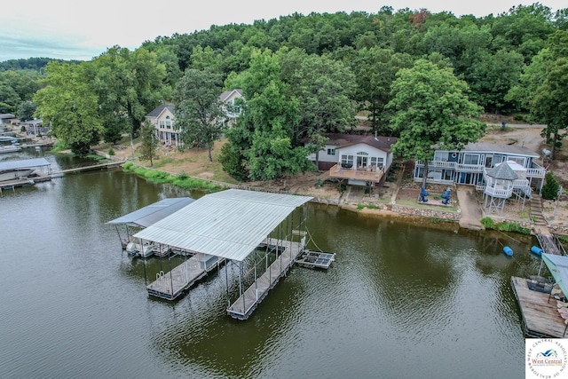 view of dock with a water view and boat lift