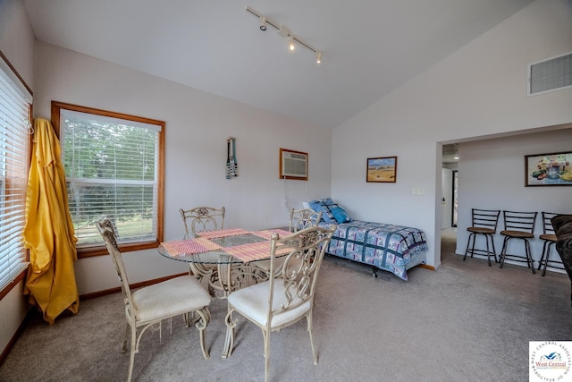 dining area featuring carpet, visible vents, a wall mounted air conditioner, and baseboards