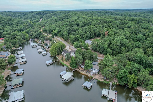 birds eye view of property featuring a view of trees and a water view