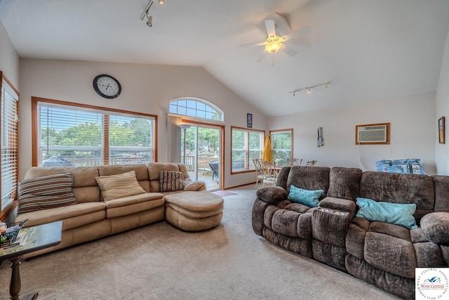 living room with ceiling fan, an AC wall unit, vaulted ceiling, carpet floors, and rail lighting