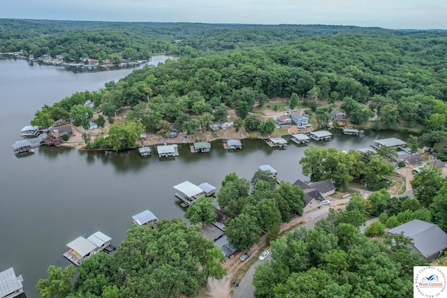 birds eye view of property with a wooded view and a water view