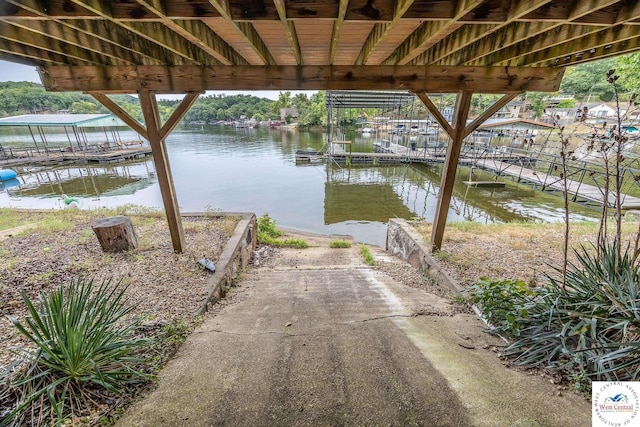 view of dock with a water view