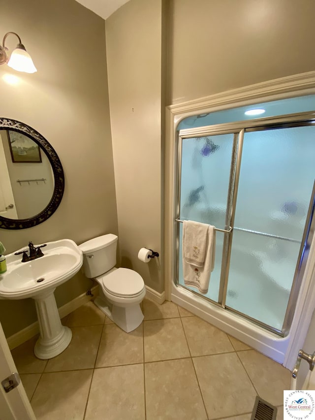 full bathroom featuring a stall shower, tile patterned flooring, visible vents, and baseboards