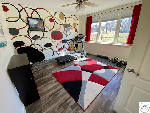 workout room with wood finished floors, a ceiling fan, and baseboards