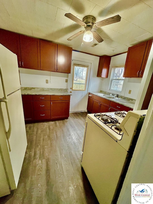 kitchen featuring light countertops, visible vents, light wood-style flooring, a sink, and white appliances