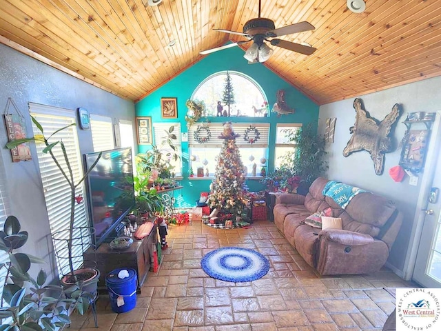 game room with a ceiling fan, lofted ceiling, and wooden ceiling