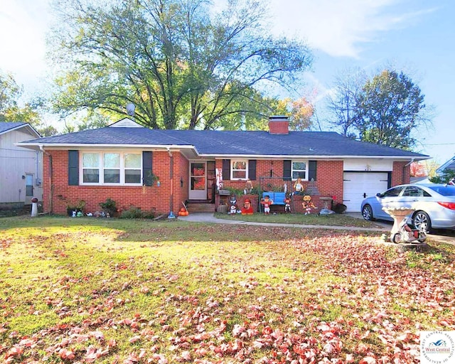 ranch-style house featuring a front yard, brick siding, a chimney, and an attached garage