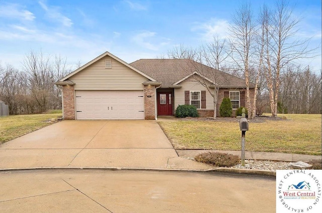 ranch-style home with a garage, concrete driveway, a front lawn, and brick siding