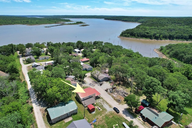 aerial view with a water view and a view of trees