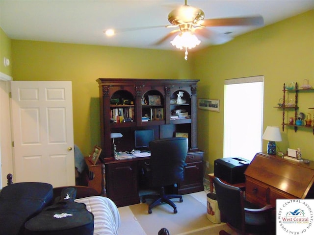 office area featuring a ceiling fan