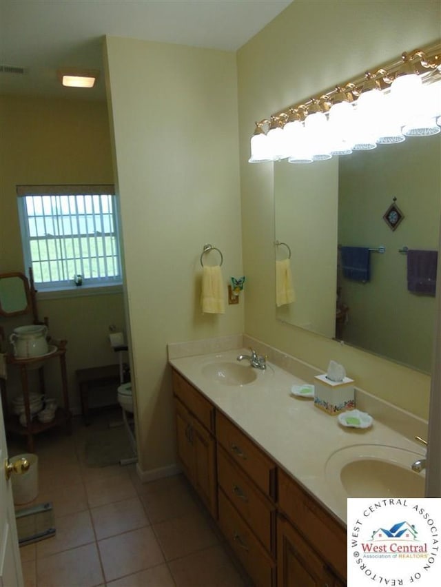 full bathroom with tile patterned flooring, visible vents, toilet, and a sink