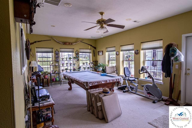 rec room featuring visible vents, carpet, ceiling fan, and billiards