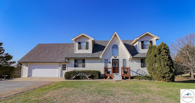 cape cod house with driveway, an attached garage, a front lawn, and roof with shingles