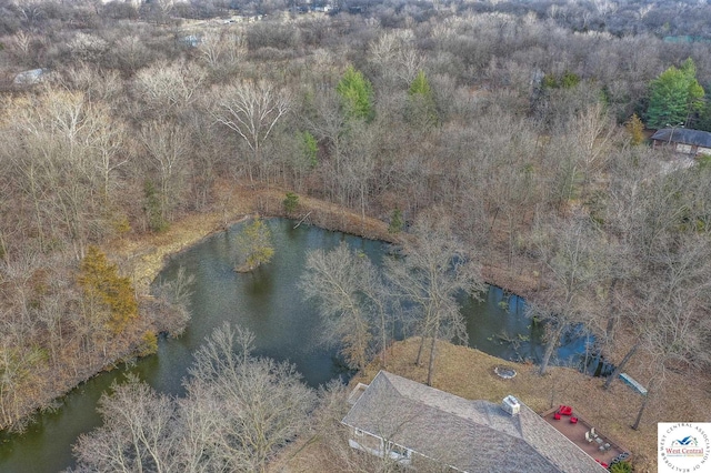 bird's eye view featuring a forest view and a water view