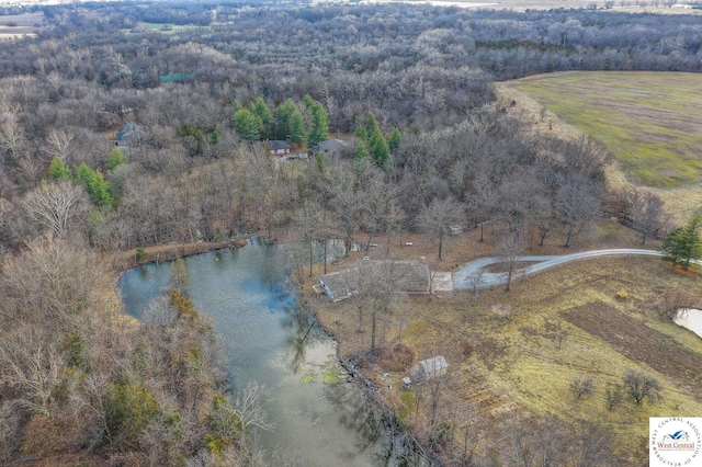 bird's eye view featuring a wooded view and a water view