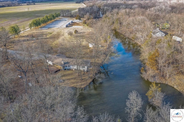 bird's eye view featuring a water view and a rural view