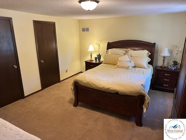 carpeted bedroom with a textured ceiling, visible vents, and baseboards