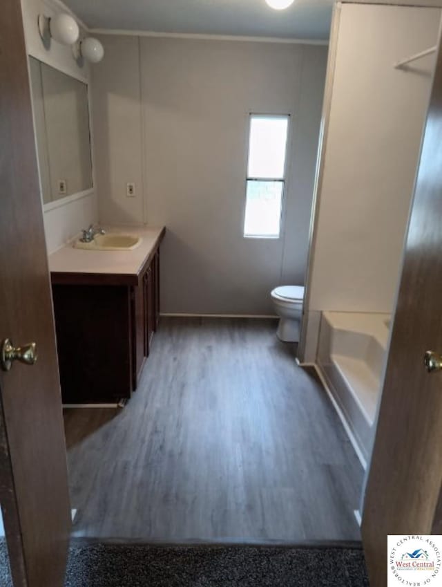 bathroom with toilet, wood finished floors, and vanity