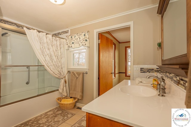 full bathroom with vanity, enclosed tub / shower combo, tile patterned flooring, crown molding, and backsplash