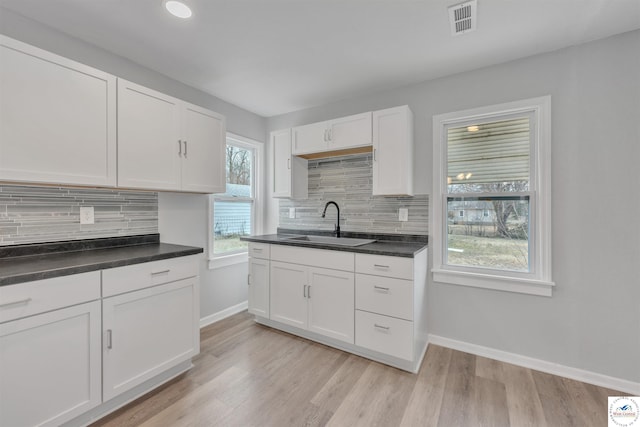 kitchen with white cabinetry, visible vents, and a sink