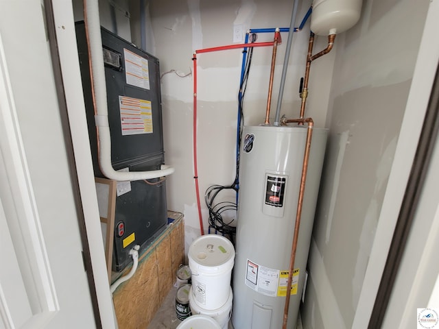 utility room with electric water heater and heating unit