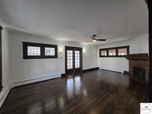 unfurnished living room with dark wood-style floors, french doors, and a baseboard radiator