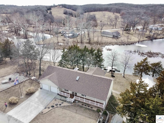 aerial view featuring a water view