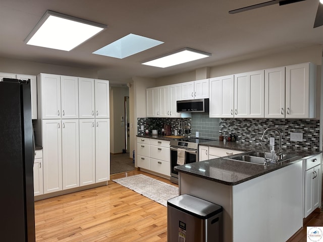 kitchen featuring stainless steel appliances, a peninsula, a sink, and white cabinetry