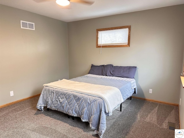 bedroom with a ceiling fan, carpet, visible vents, and baseboards