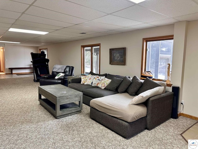 living room featuring a paneled ceiling, carpet flooring, and baseboards